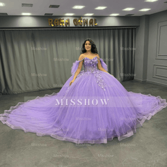 Misshow Off-Shoulder Purple Ball Gown Sequined 3D Floral Applique Pleated Tulle Quinceanera & Sweet 16 Party Dress