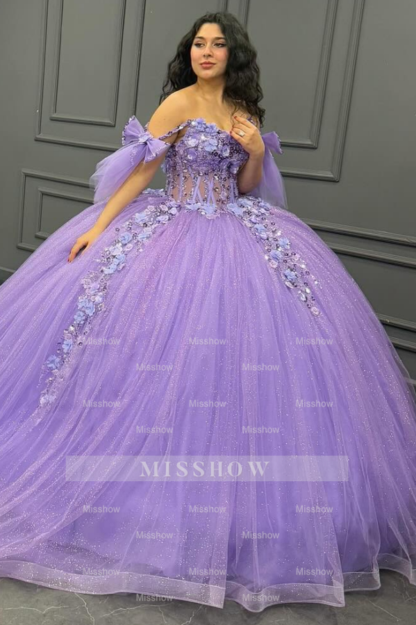 Misshow Off-Shoulder Purple Ball Gown Sequined 3D Floral Applique Pleated Tulle Quinceanera & Sweet 16 Party Dress