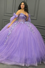Misshow Off-Shoulder Purple Ball Gown Sequined 3D Floral Applique Pleated Tulle Quinceanera & Sweet 16 Party Dress