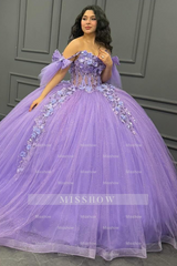 Misshow Off-Shoulder Purple Ball Gown Sequined 3D Floral Applique Pleated Tulle Quinceanera & Sweet 16 Party Dress