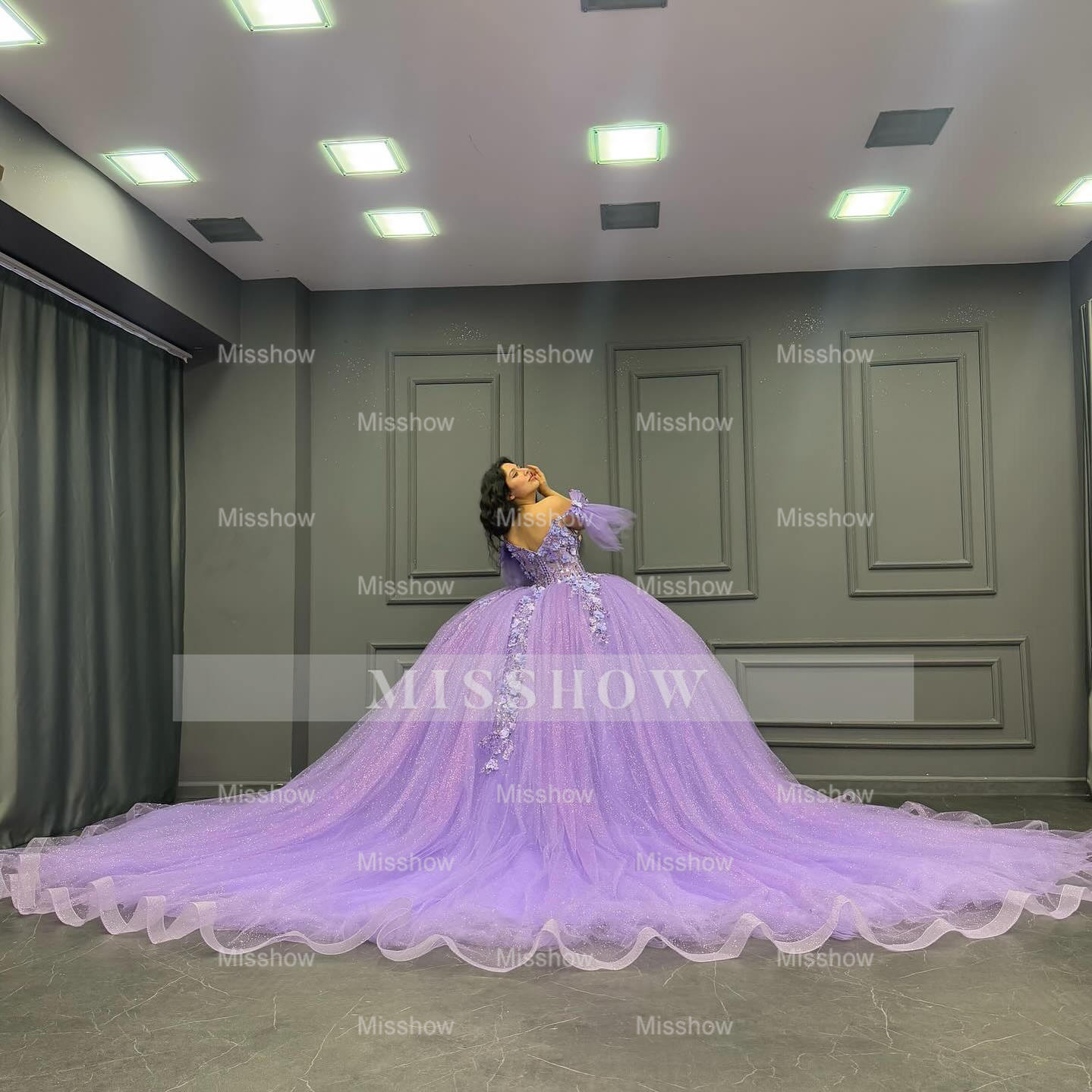 Misshow Off-Shoulder Purple Ball Gown Sequined 3D Floral Applique Pleated Tulle Quinceanera & Sweet 16 Party Dress