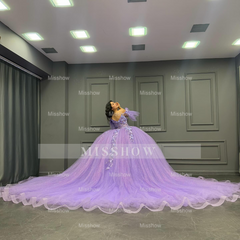 Misshow Off-Shoulder Purple Ball Gown Sequined 3D Floral Applique Pleated Tulle Quinceanera & Sweet 16 Party Dress