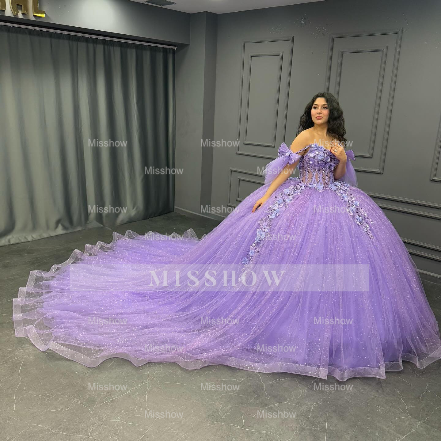 Misshow Off-Shoulder Purple Ball Gown Sequined 3D Floral Applique Pleated Tulle Quinceanera & Sweet 16 Party Dress