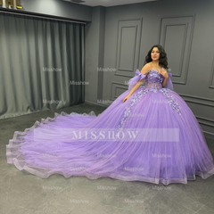Misshow Off-Shoulder Purple Ball Gown Sequined 3D Floral Applique Pleated Tulle Quinceanera & Sweet 16 Party Dress