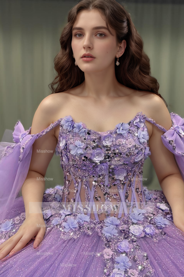 Misshow Off-Shoulder Purple Ball Gown Sequined 3D Floral Applique Pleated Tulle Quinceanera & Sweet 16 Party Dress