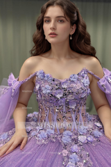 Misshow Off-Shoulder Purple Ball Gown Sequined 3D Floral Applique Pleated Tulle Quinceanera & Sweet 16 Party Dress