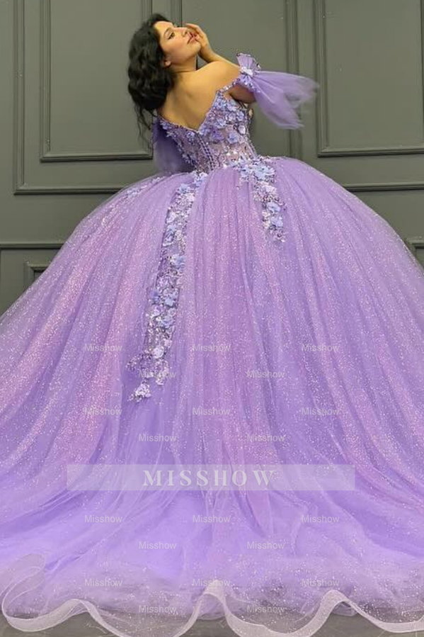 Misshow Off-Shoulder Purple Ball Gown Sequined 3D Floral Applique Pleated Tulle Quinceanera & Sweet 16 Party Dress