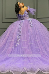 Misshow Off-Shoulder Purple Ball Gown Sequined 3D Floral Applique Pleated Tulle Quinceanera & Sweet 16 Party Dress