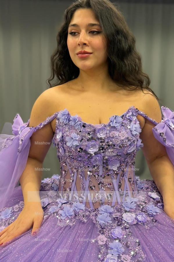 Misshow Off-Shoulder Purple Ball Gown Sequined 3D Floral Applique Pleated Tulle Quinceanera & Sweet 16 Party Dress