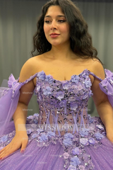 Misshow Off-Shoulder Purple Ball Gown Sequined 3D Floral Applique Pleated Tulle Quinceanera & Sweet 16 Party Dress