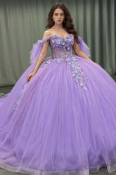 Misshow Off-Shoulder Purple Ball Gown Sequined 3D Floral Applique Pleated Tulle Quinceanera & Sweet 16 Party Dress