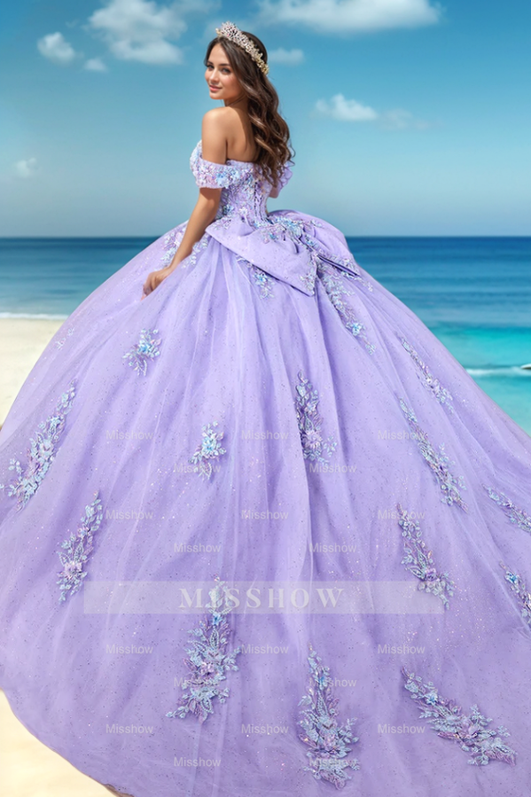 Misshow Off-Shoulder Purple Tulle Ball Gown with Glitter Appliques & Bow Detail Perfect for Quinceanera Sweet 16 and Formal Evening Events