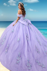 Misshow Off-Shoulder Purple Tulle Ball Gown with Glitter Appliques & Bow Detail Perfect for Quinceanera Sweet 16 and Formal Evening Events