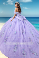 Misshow Off-Shoulder Purple Tulle Ball Gown with Glitter Appliques & Bow Detail Perfect for Quinceanera Sweet 16 and Formal Evening Events