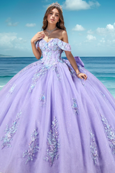 Misshow Off-Shoulder Purple Tulle Ball Gown with Glitter Appliques & Bow Detail Perfect for Quinceanera Sweet 16 and Formal Evening Events
