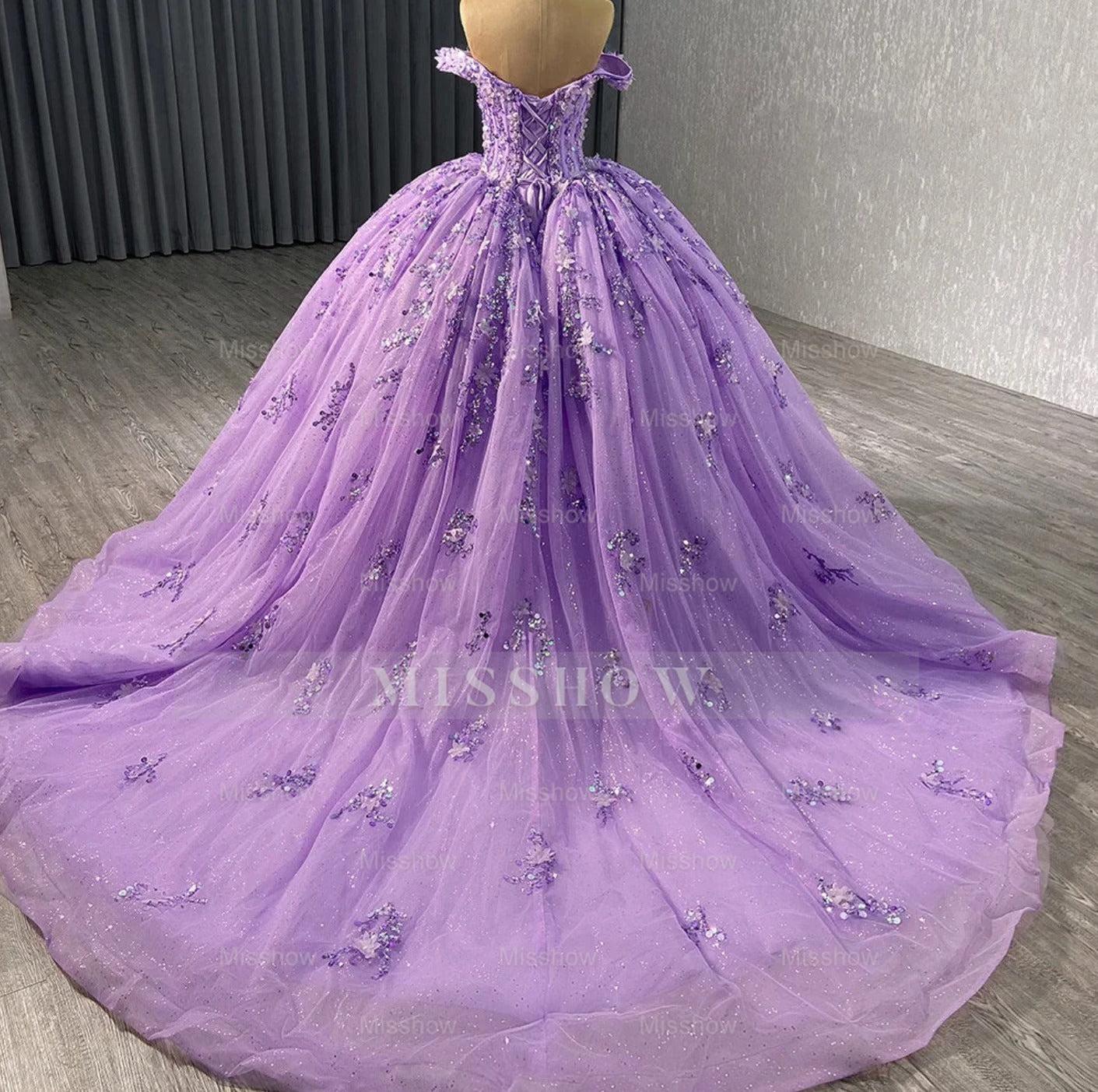 Misshow Off-Shoulder Purple Tulle Quinceanera Dress with 3D Flower Lace & Beaded Details Perfect for Sweet 16 & Evening Galas