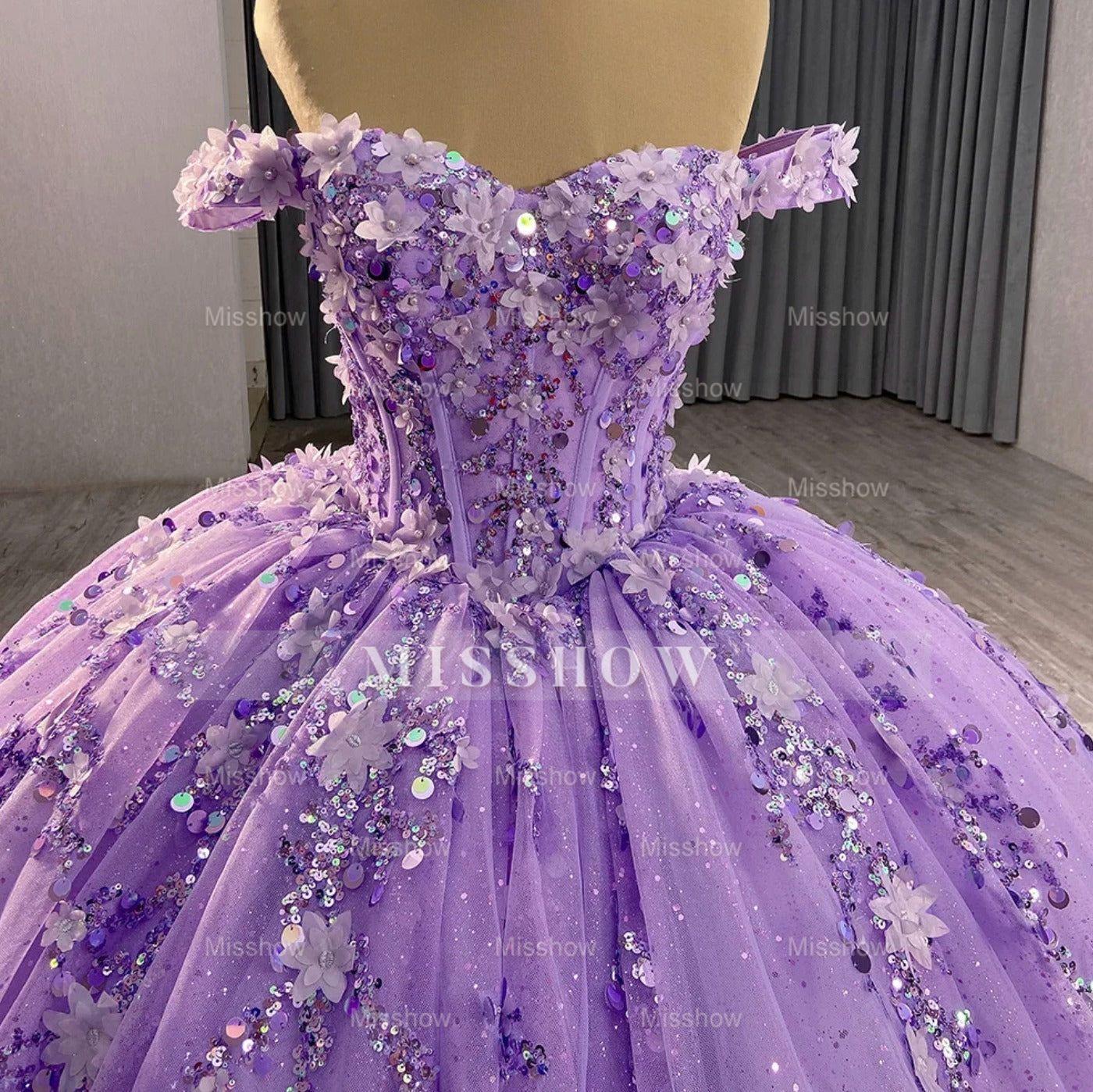 Misshow Off-Shoulder Purple Tulle Quinceanera Dress with 3D Flower Lace & Beaded Details Perfect for Sweet 16 & Evening Galas
