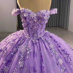Misshow Off-Shoulder Purple Tulle Quinceanera Dress with 3D Flower Lace & Beaded Details Perfect for Sweet 16 & Evening Galas