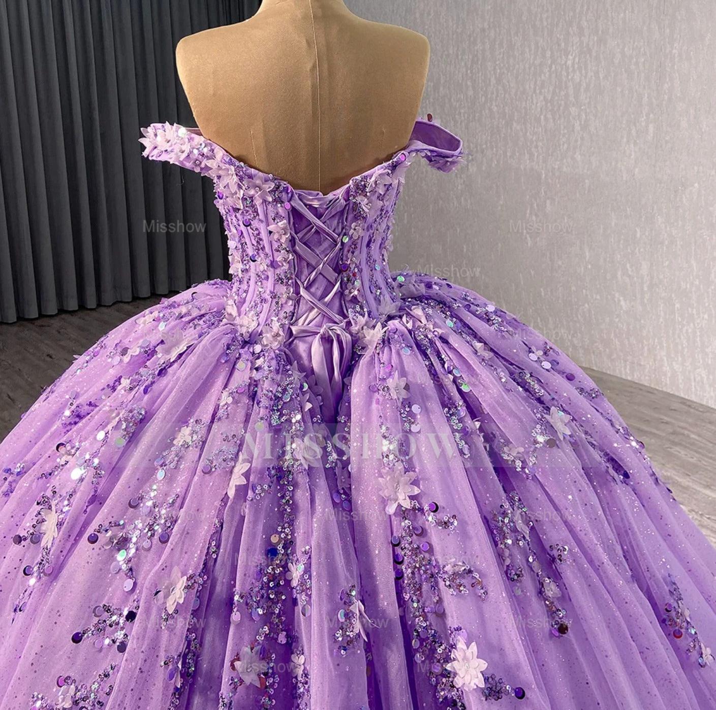 Misshow Off-Shoulder Purple Tulle Quinceanera Dress with 3D Flower Lace & Beaded Details Perfect for Sweet 16 & Evening Galas