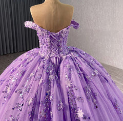 Misshow Off-Shoulder Purple Tulle Quinceanera Dress with 3D Flower Lace & Beaded Details Perfect for Sweet 16 & Evening Galas