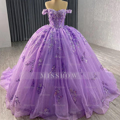 Misshow Off-Shoulder Purple Tulle Quinceanera Dress with 3D Flower Lace & Beaded Details Perfect for Sweet 16 & Evening Galas