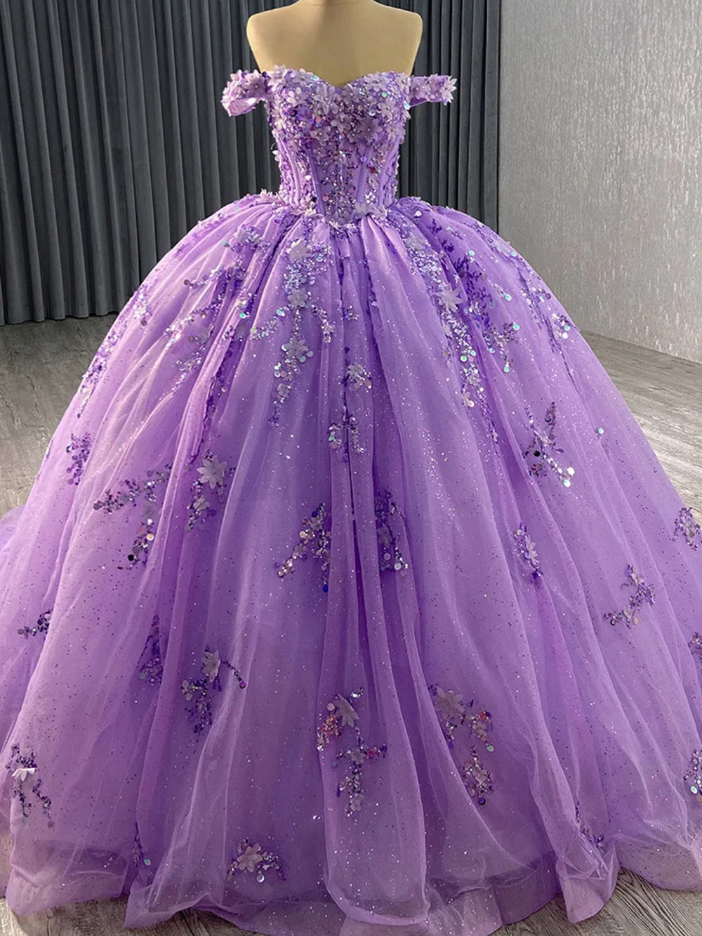 Misshow Off-Shoulder Purple Tulle Quinceanera Dress with 3D Flower Lace & Beaded Details Perfect for Sweet 16 & Evening Galas