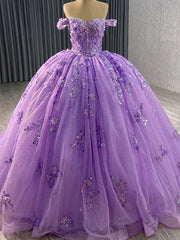 Misshow Off-Shoulder Purple Tulle Quinceanera Dress with 3D Flower Lace & Beaded Details Perfect for Sweet 16 & Evening Galas