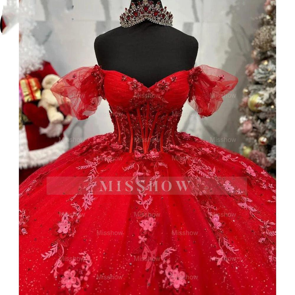 Misshow Off-Shoulder Red Quinceanera Dress Lace Applique & Beaded Tulle Princess Gown for Sweet 16 or Birthday Celebrations