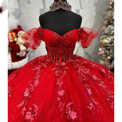 Misshow Off-Shoulder Red Quinceanera Dress Lace Applique & Beaded Tulle Princess Gown for Sweet 16 or Birthday Celebrations