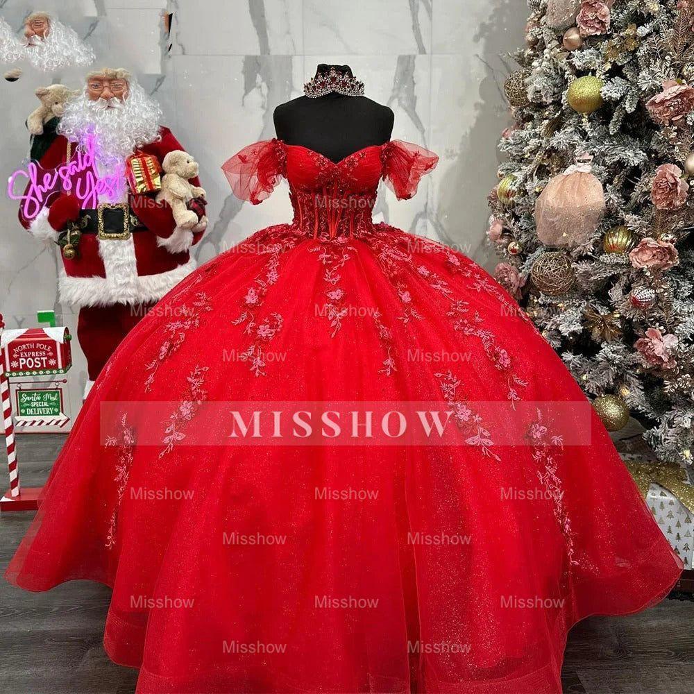 Misshow Off-Shoulder Red Quinceanera Dress Lace Applique & Beaded Tulle Princess Gown for Sweet 16 or Birthday Celebrations