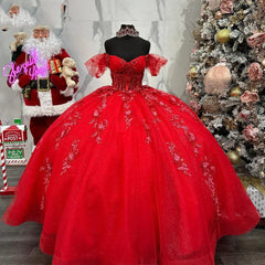 Misshow Off-Shoulder Red Quinceanera Dress Lace Applique & Beaded Tulle Princess Gown for Sweet 16 or Birthday Celebrations