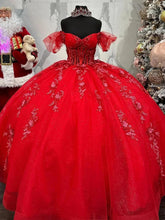 Misshow Off-Shoulder Red Quinceanera Dress Lace Applique & Beaded Tulle Princess Gown for Sweet 16 or Birthday Celebrations