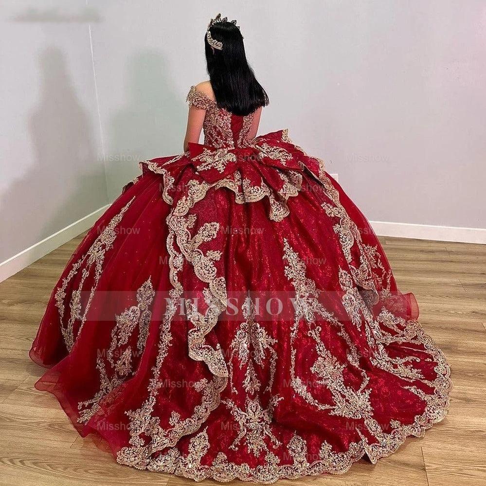 Misshow Off-Shoulder Red Tulle Quinceanera Dress Cap Sleeve Lace Applique Ball Gown for Sweet 16 Prom & Birthday Parties