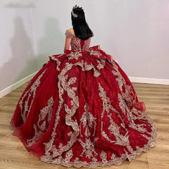 Misshow Off-Shoulder Red Tulle Quinceanera Dress Cap Sleeve Lace Applique Ball Gown for Sweet 16 Prom & Birthday Parties