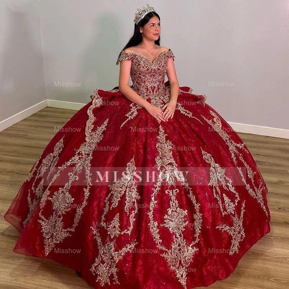 Misshow Off-Shoulder Red Tulle Quinceanera Dress Cap Sleeve Lace Applique Ball Gown for Sweet 16 Prom & Birthday Parties