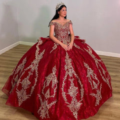 Misshow Off-Shoulder Red Tulle Quinceanera Dress Cap Sleeve Lace Applique Ball Gown for Sweet 16 Prom & Birthday Parties