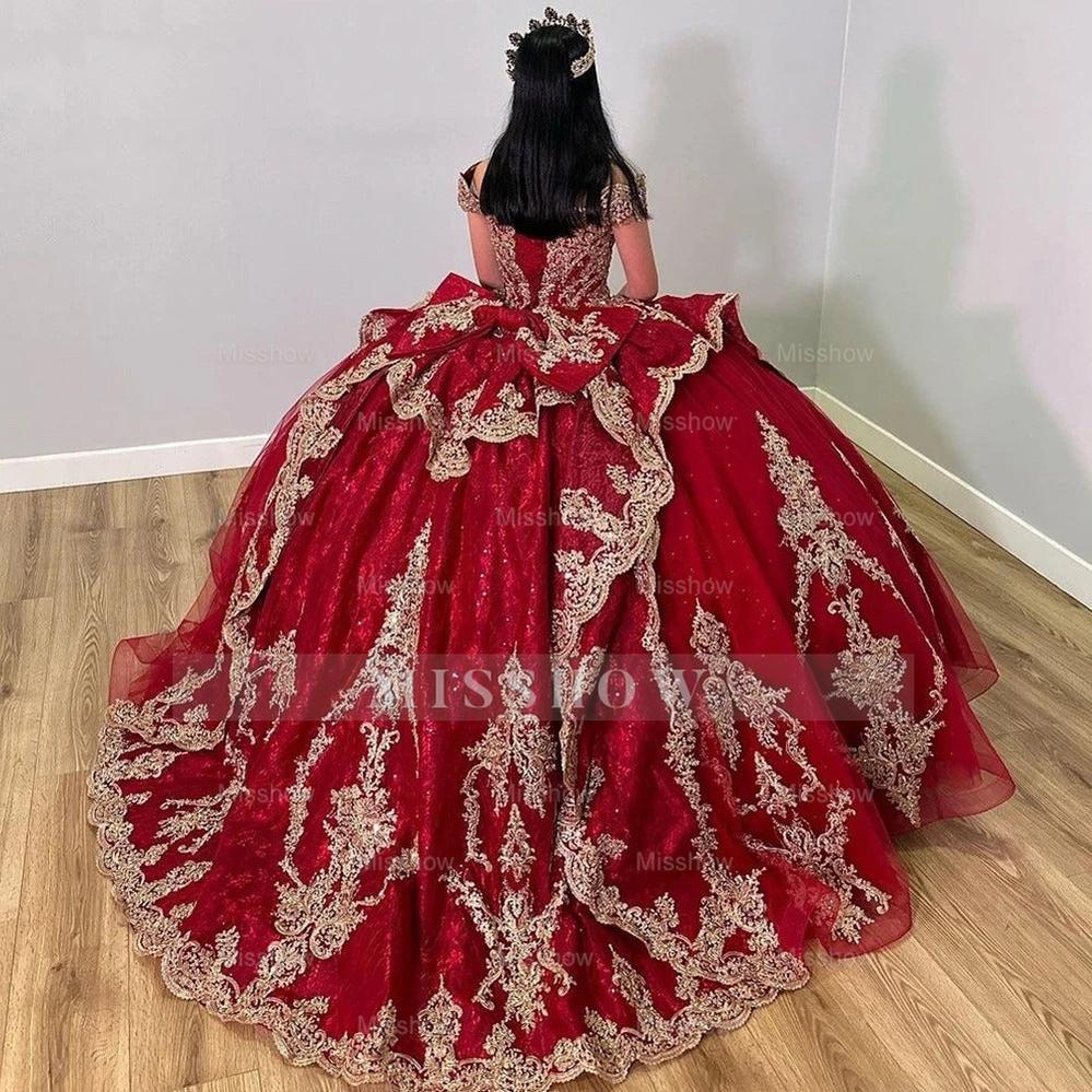 Misshow Off-Shoulder Red Tulle Quinceanera Dress Cap Sleeve Lace Applique Ball Gown for Sweet 16 Prom & Birthday Parties
