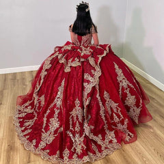 Misshow Off-Shoulder Red Tulle Quinceanera Dress Cap Sleeve Lace Applique Ball Gown for Sweet 16 Prom & Birthday Parties