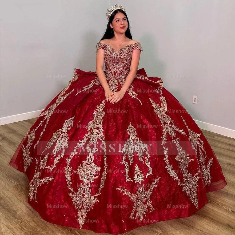 Misshow Off-Shoulder Red Tulle Quinceanera Dress Cap Sleeve Lace Applique Ball Gown for Sweet 16 Prom & Birthday Parties