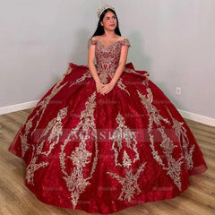 Misshow Off-Shoulder Red Tulle Quinceanera Dress Cap Sleeve Lace Applique Ball Gown for Sweet 16 Prom & Birthday Parties