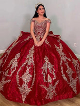 Misshow Off-Shoulder Red Tulle Quinceanera Dress Cap Sleeve Lace Applique Ball Gown for Sweet 16 Prom & Birthday Parties