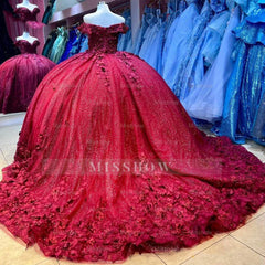 Misshow Off-Shoulder Red Tulle Quinceanera Dress Sparkling Floral Applique Ball Gown for Sweet 16 & Princess Birthday Parties