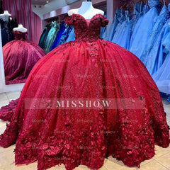 Misshow Off-Shoulder Red Tulle Quinceanera Dress Sparkling Floral Applique Ball Gown for Sweet 16 & Princess Birthday Parties