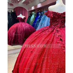 Misshow Off-Shoulder Red Tulle Quinceanera Dress Sparkling Floral Applique Ball Gown for Sweet 16 & Princess Birthday Parties