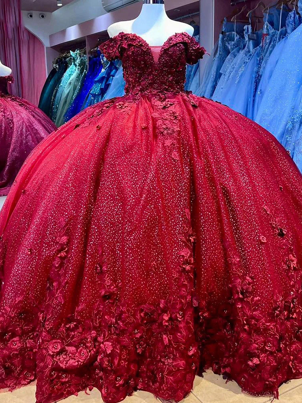 Misshow Off-Shoulder Red Tulle Quinceanera Dress Sparkling Floral Applique Ball Gown for Sweet 16 & Princess Birthday Parties