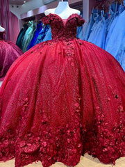 Misshow Off-Shoulder Red Tulle Quinceanera Dress Sparkling Floral Applique Ball Gown for Sweet 16 & Princess Birthday Parties
