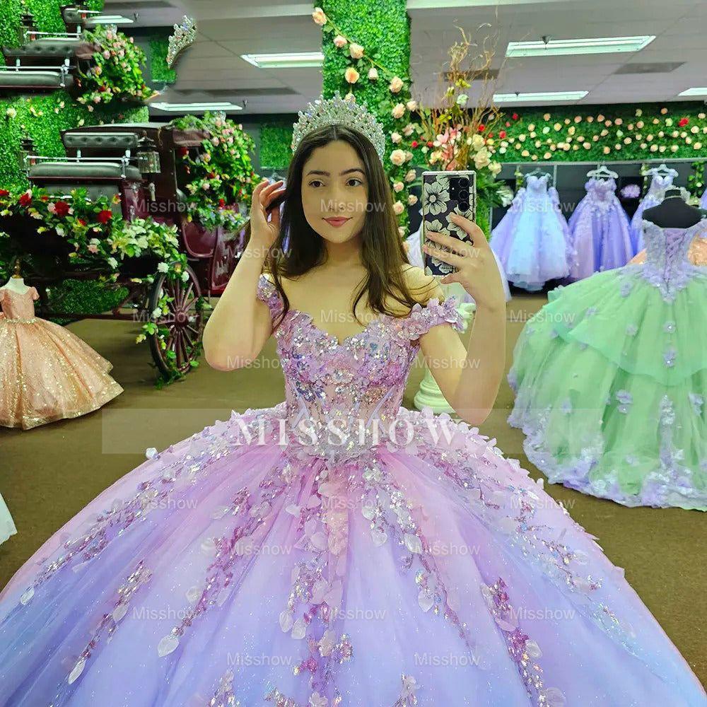 Misshow Off-Shoulder Sparkle Ball Gown Beaded Tulle Princess Dress for Prom Quinceanera & Sweet 16 Celebrations