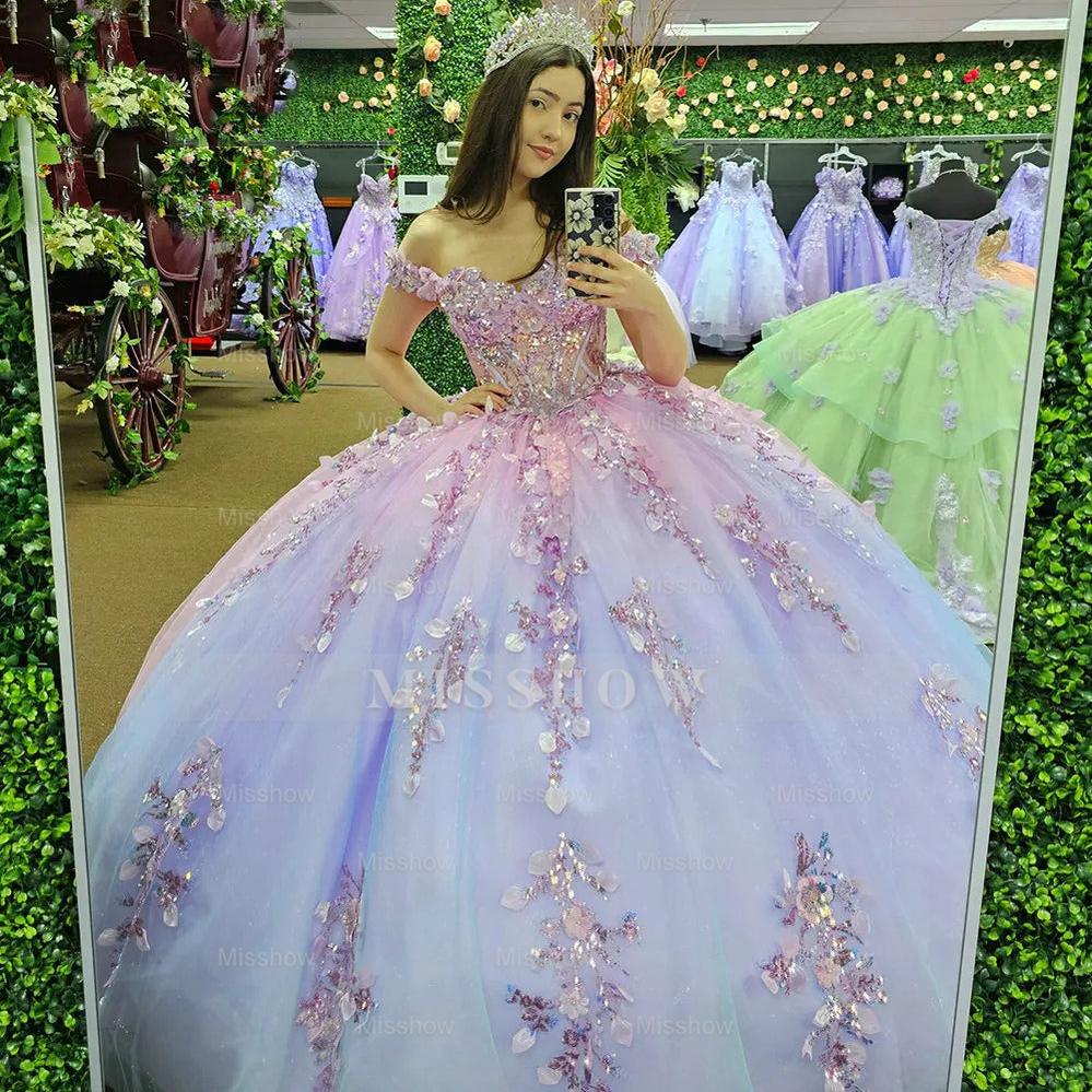 Misshow Off-Shoulder Sparkle Ball Gown Beaded Tulle Princess Dress for Prom Quinceanera & Sweet 16 Celebrations