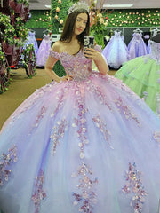 Misshow Off-Shoulder Sparkle Ball Gown Beaded Tulle Princess Dress for Prom Quinceanera & Sweet 16 Celebrations