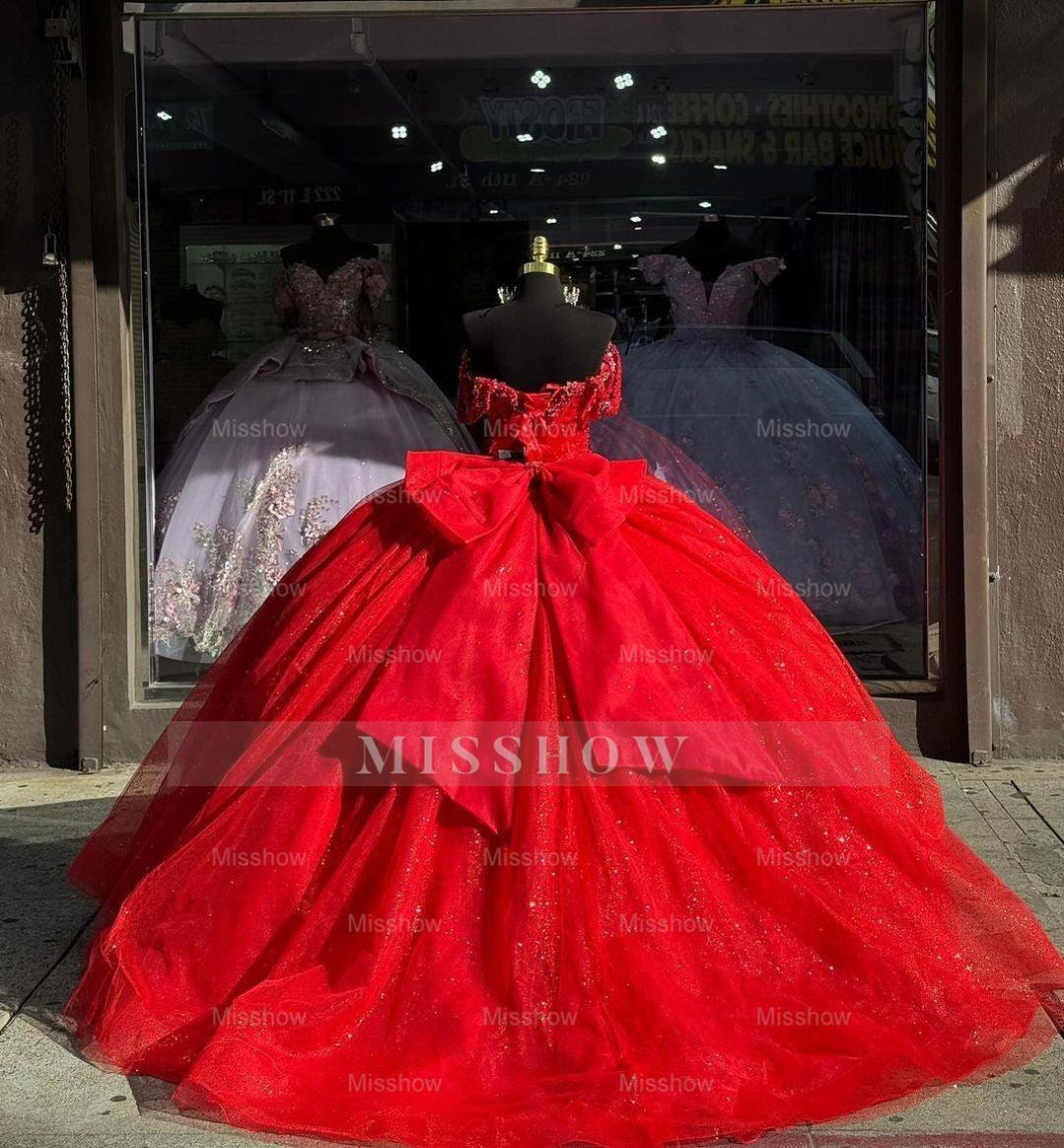 Misshow Off-Shoulder Sweetheart Ball Gown Red Tulle Quinceanera & Evening Party Dress for Sweet 16